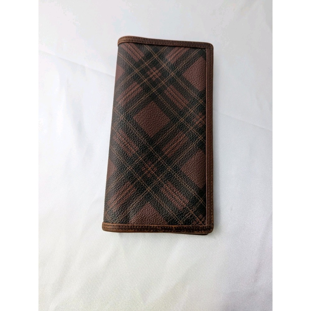 Vintage‎ Polo Ralph Lauren Long Wallet Bifold Brown Tartan Leather Checkbook